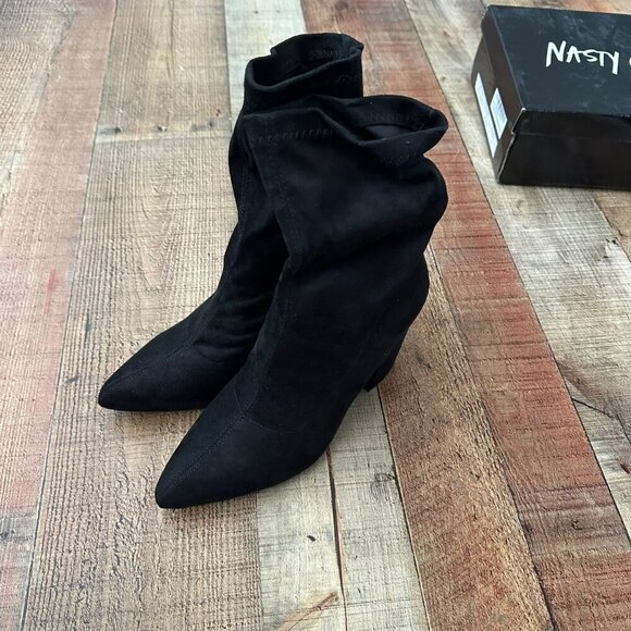 Nasty Gal Black Faux Suede Block Heel Pointed Toe Sock Boots Size 6 - Picture 10 of 12